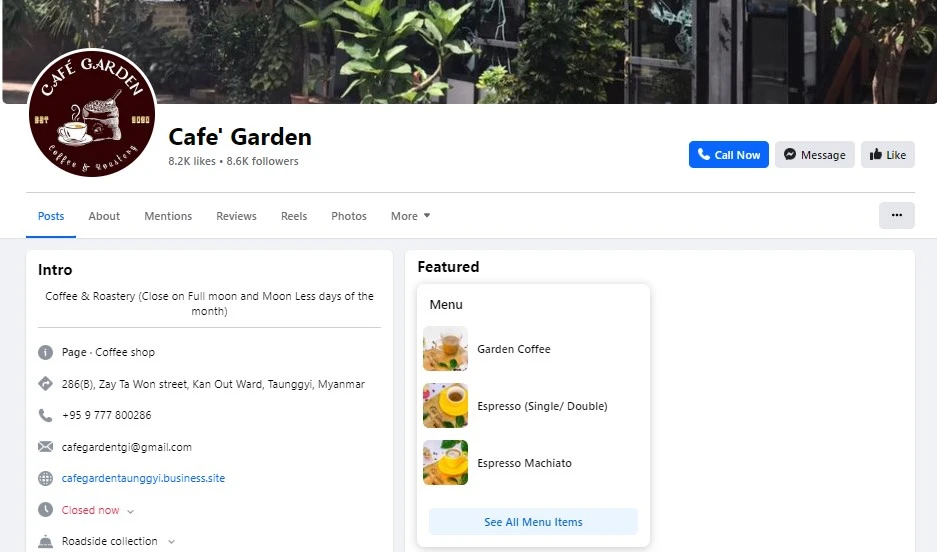 important info of a cafe on social media intro