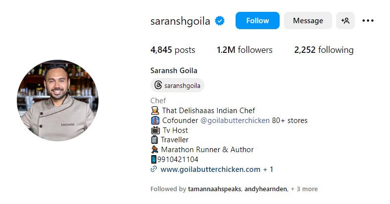 bio for Indian chefs