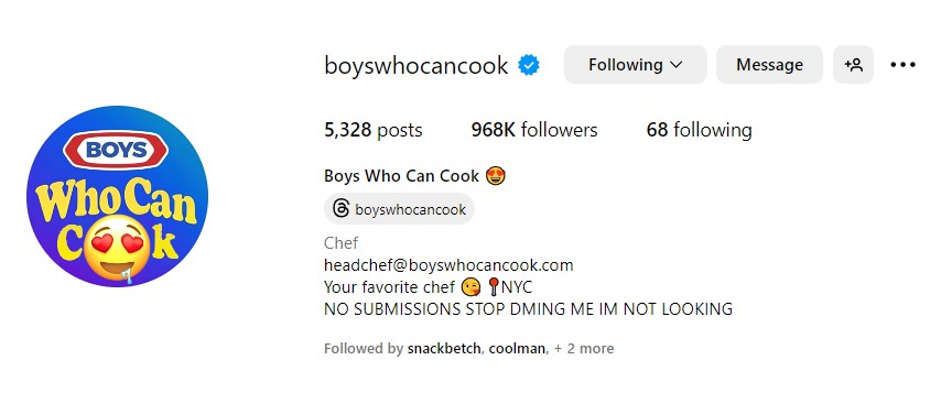 boy chefs Instagram bios