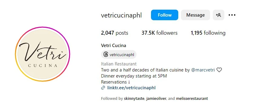 Instagram bio example for Italian restaurant