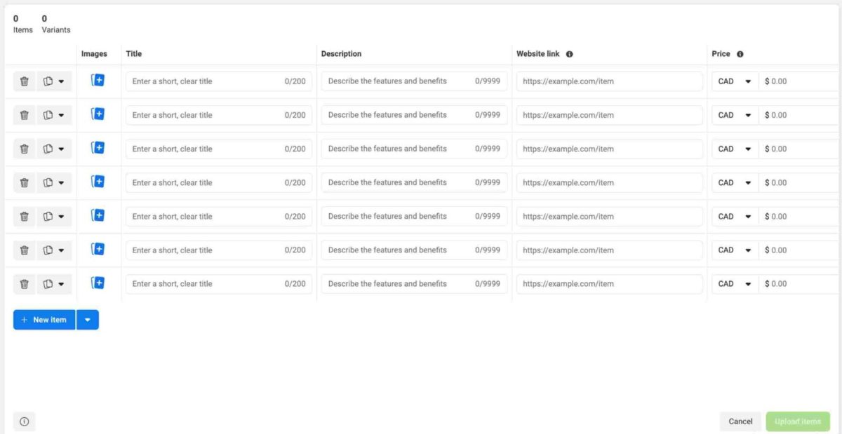 After entering information, click ‘Upload items.’
